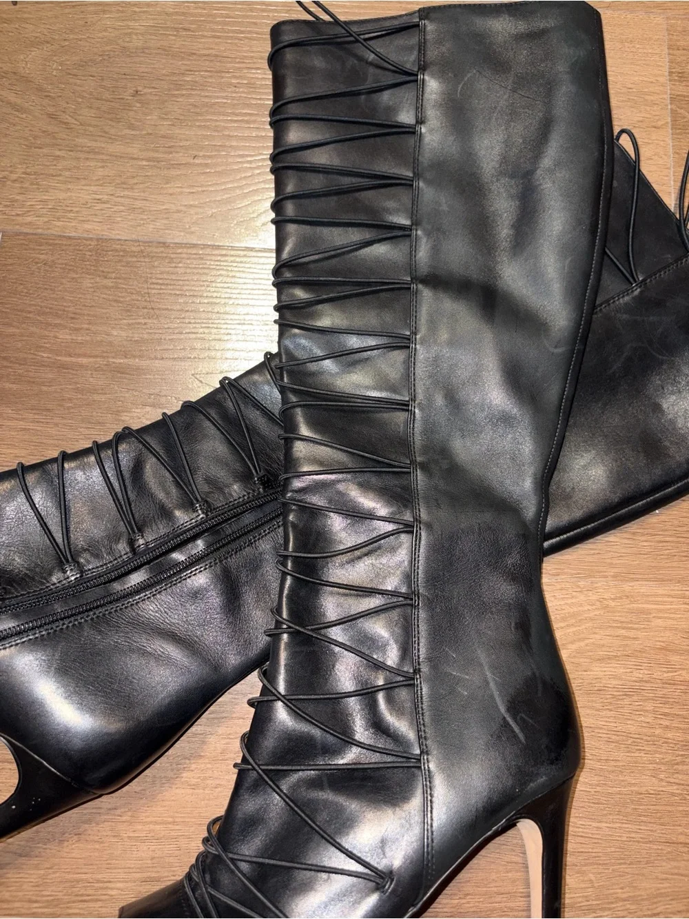 Vince Camuto Black Lace-Up Knee-High Peep-Toe Stiletto Boot (Kendra)